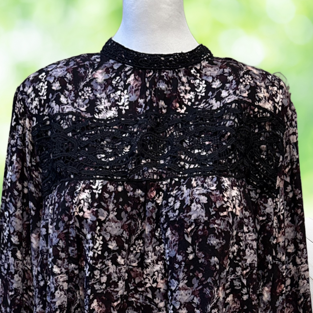 CATO Blouse Dark Floral Babydoll Crochet Lace Whimsigoth Black Purple Plus 3X - Picture 2 of 13
